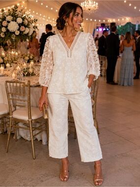 Just Fashion Now 2-PC Pantsuit Embossed Floral Pattern Elegant & Feminine